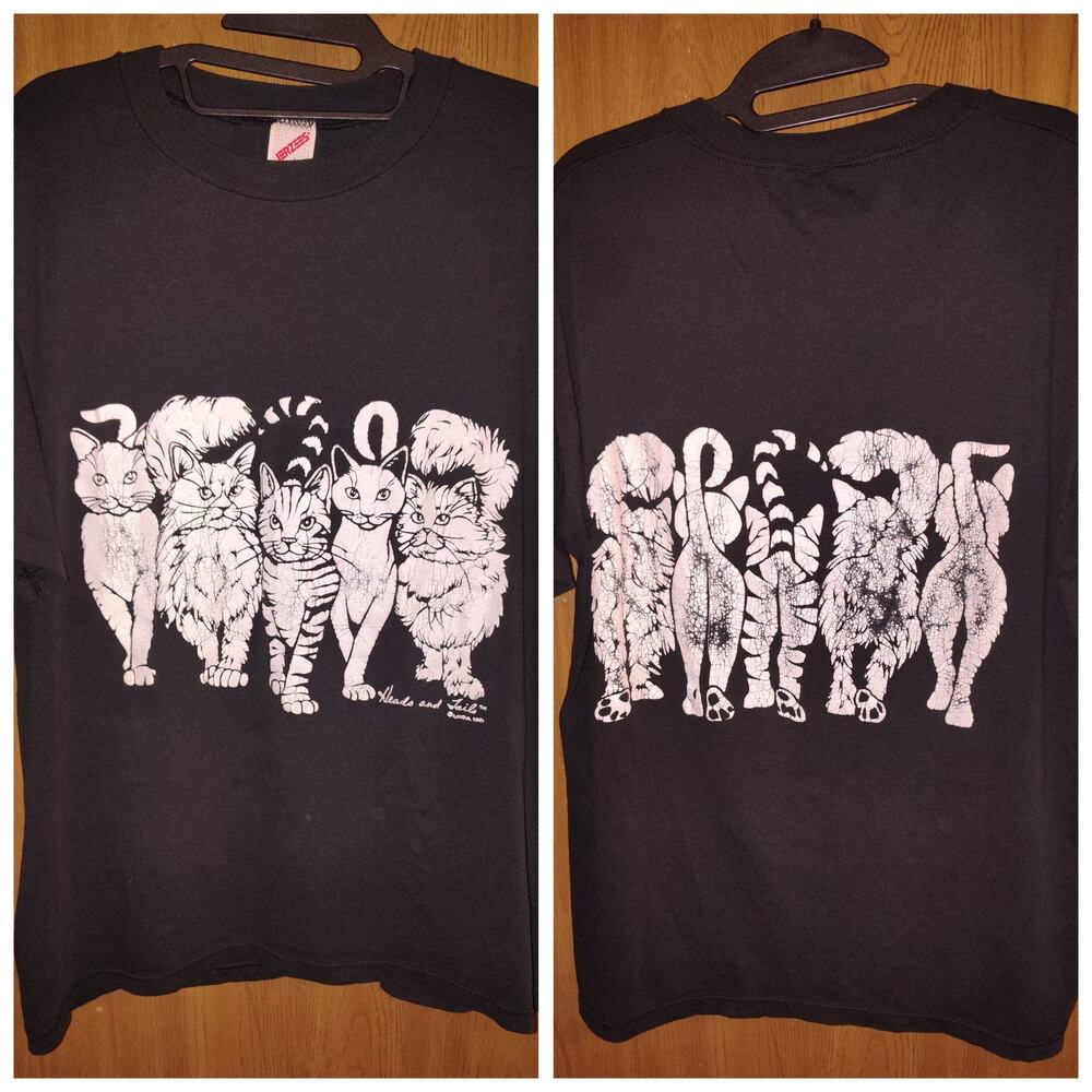 Vintage Linda Lori Heads and Tails Cat T-Shirt Double Sided Jerzees Black XL